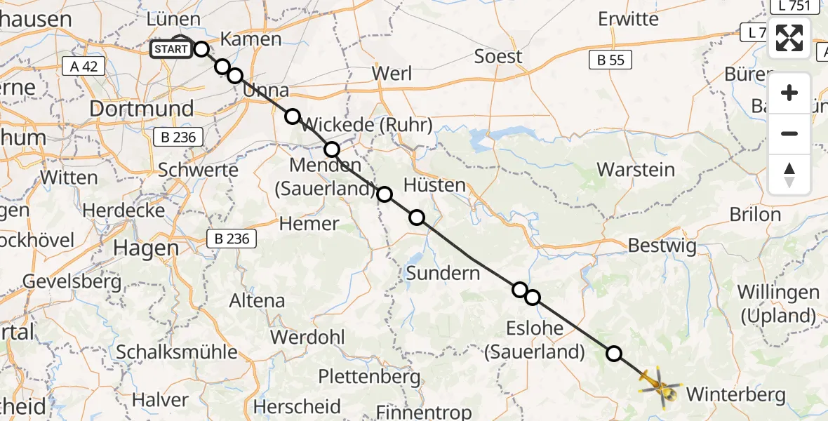 Flugroute Rettungshubschrauber Lünen - Schmallenberg, 03 Juli 2026, 18:06