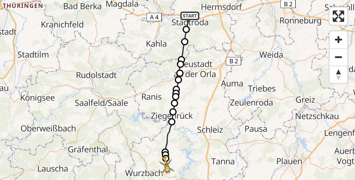 Flugroute Rettungshubschrauber Stadtroda - Bad Lobenstein, 03 Juli 2026, 18:10