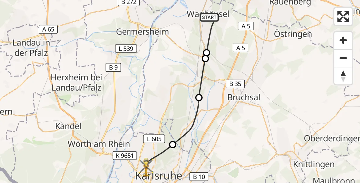 Flugroute Ambulanzhubschrauber Waghäusel - Karlsruhe, 03 Juli 2026, 18:11
