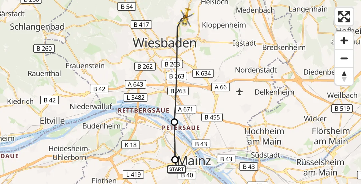 Flugroute Rettungshubschrauber Mainz University Hospital - Wiesbaden, 03 Juli 2026, 18:11