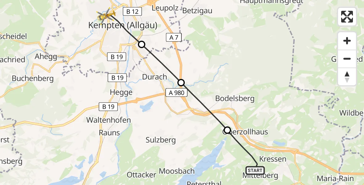 Flugroute Rettungshubschrauber Oy-Mittelberg - Kempten (Allgäu), 03 Juli 2026, 18:13