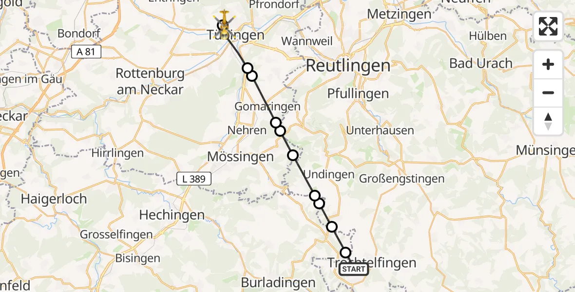 Flugroute Rettungshubschrauber Trochtelfingen - Tübingen University Hospital, 03 Juli 2026, 18:14