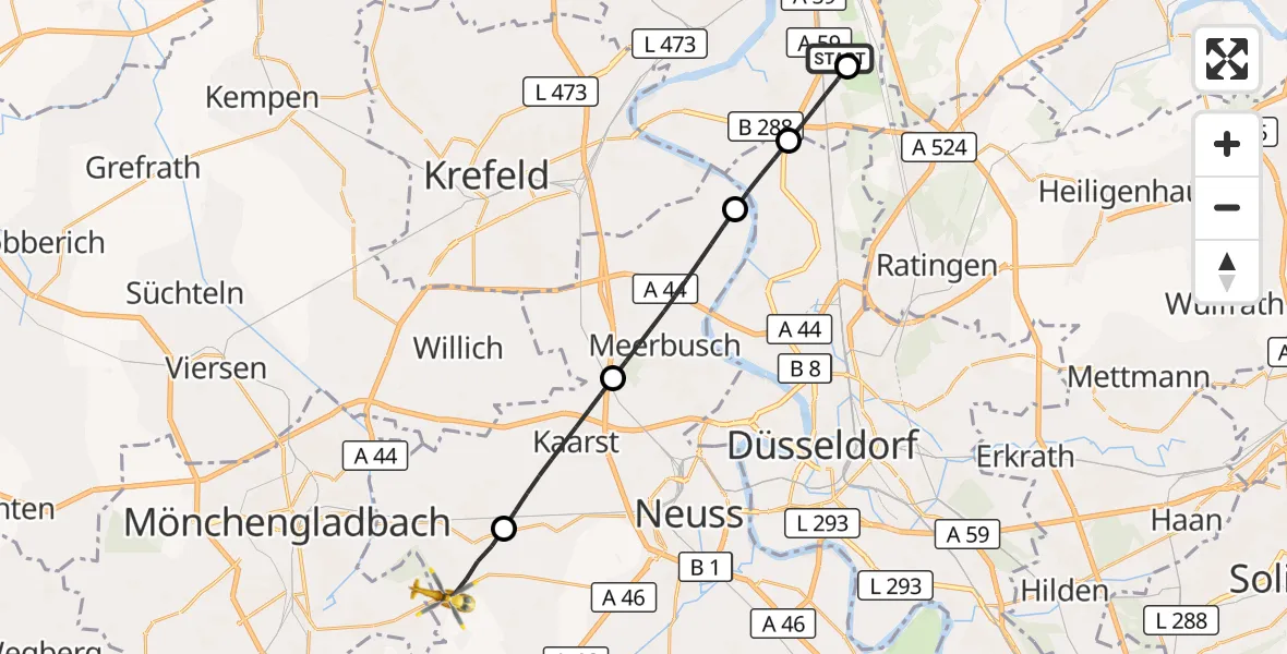 Flugroute Rettungshubschrauber Duisburg Air Rescue Hubschrauberlandeplatz (Christoph 9) - Korschenbroich, 03 Juli 2026, 18:25