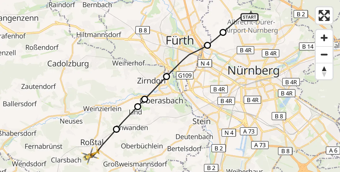 Flugroute Ambulanzhubschrauber Flughafen Nuremberg - Roßtal, 03 Juli 2026, 18:28