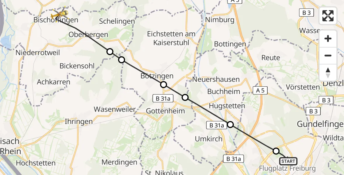 Flugroute Rettungshubschrauber Freiburg im Breisgau Flugplatz - Vogtsburg im Kaiserstuhl, 03 Juli 2026, 18:28