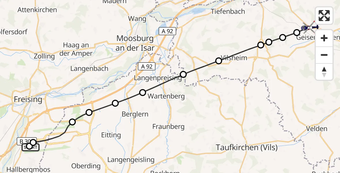 Flugroute Polizeihubschrauber München Flughafen - Geisenhausen, 03 Juli 2026, 18:29