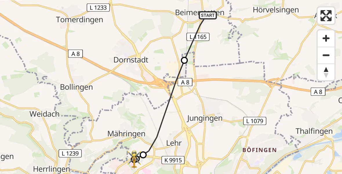 Flugroute Rettungshubschrauber Beimerstetten - ADAC Air Rescue Station Ulm (Christoph 22), 03 Juli 2026, 18:35