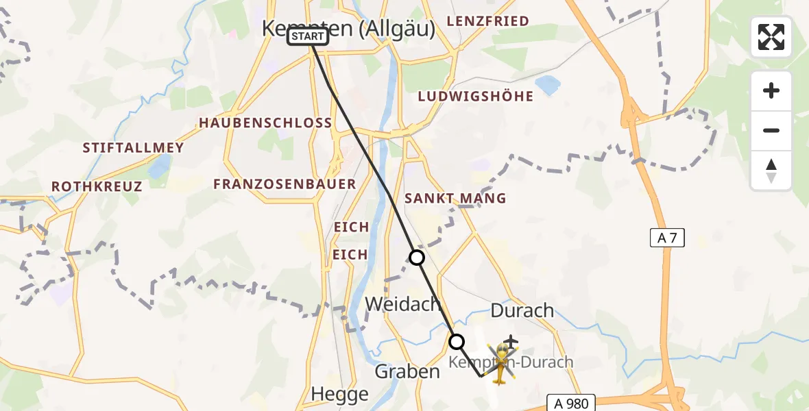 Flugroute Rettungshubschrauber Kempten (Allgäu) - Kempten-Durach Flugplatz, 03 Juli 2026, 18:37