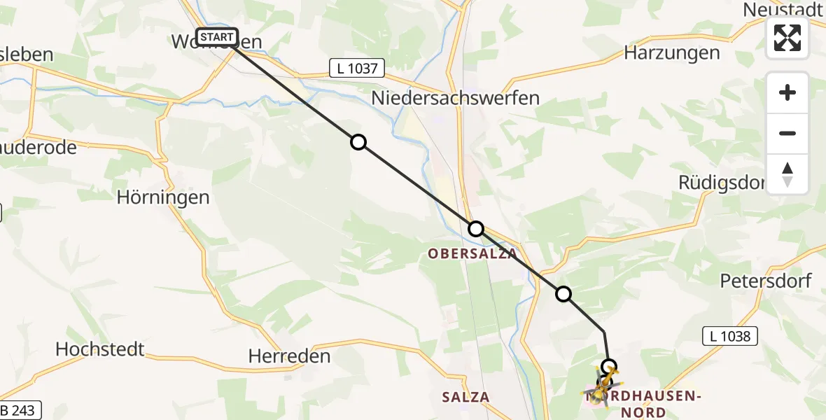 Flugroute Rettungshubschrauber Ellrich - Südharz Hospital Nordhausen, 03 Juli 2026, 18:38