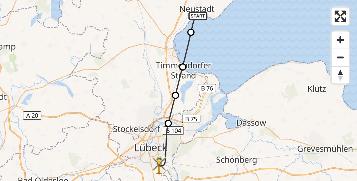 Flugroute Ambulanzhubschrauber Neustadt in Holstein - Lübeck, 03 Juli 2026, 18:40
