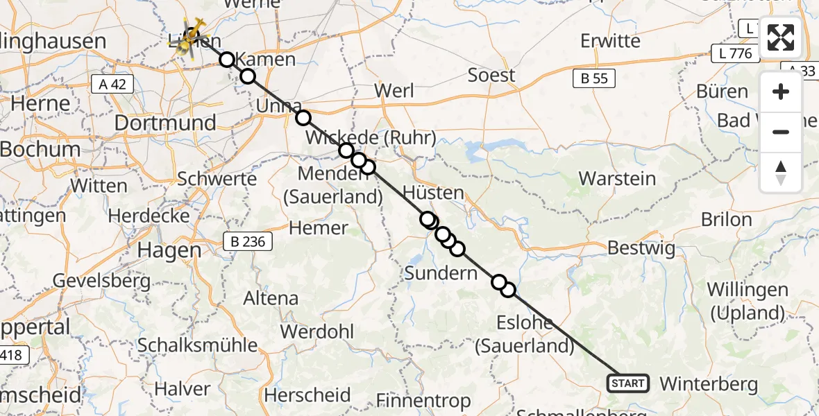 Flugroute Rettungshubschrauber Schmallenberg - Sankt Marien Hospital, 03 Juli 2026, 18:41