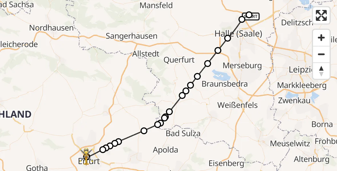 Flugroute Rettungshubschrauber Halle-Oppin Flugplatz - Helios Clinic Erfurt, 03 Juli 2026, 18:51