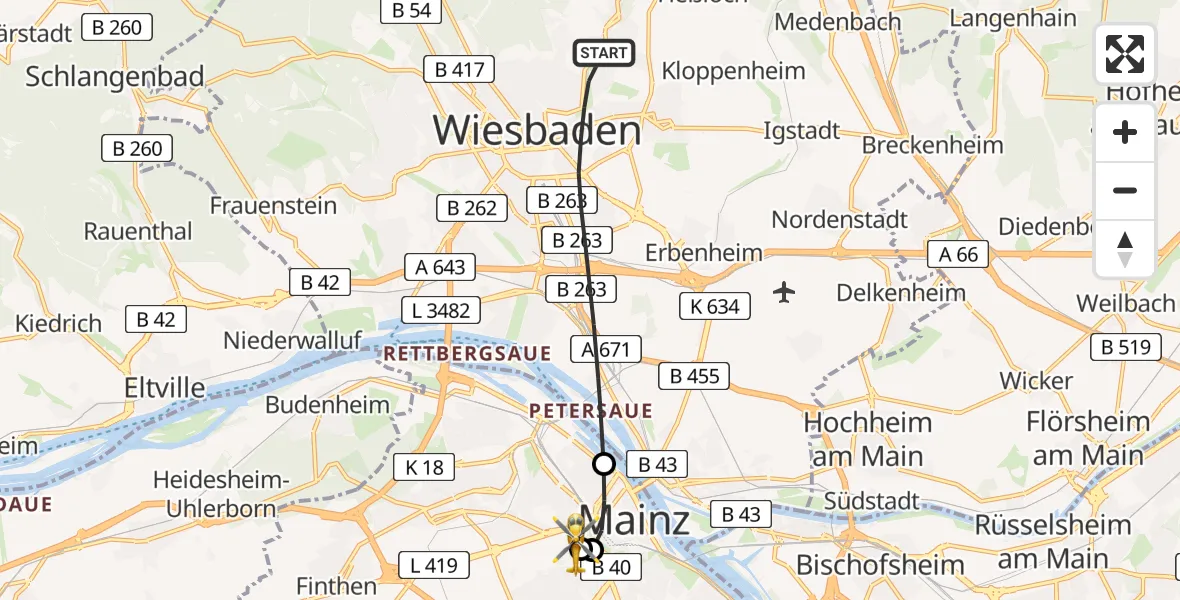 Flugroute Rettungshubschrauber Wiesbaden - Mainz University Hospital, 03 Juli 2026, 18:53