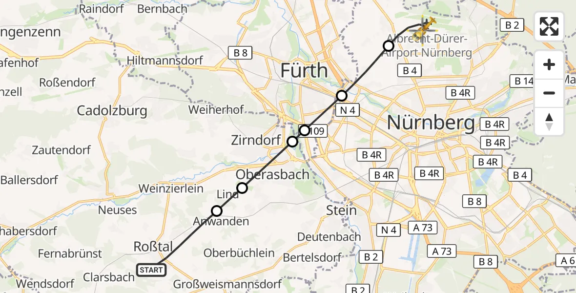 Flugroute Ambulanzhubschrauber Roßtal - Flughafen Nuremberg, 03 Juli 2026, 18:55