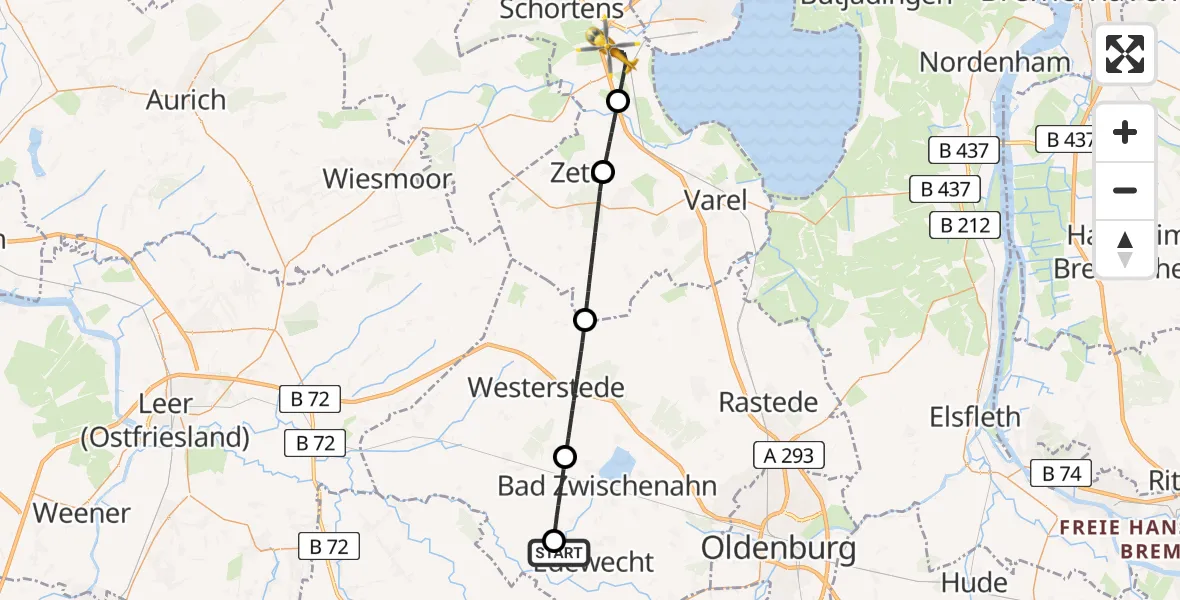 Flugroute Rettungshubschrauber Edewecht - Sande, 03 Juli 2026, 18:55