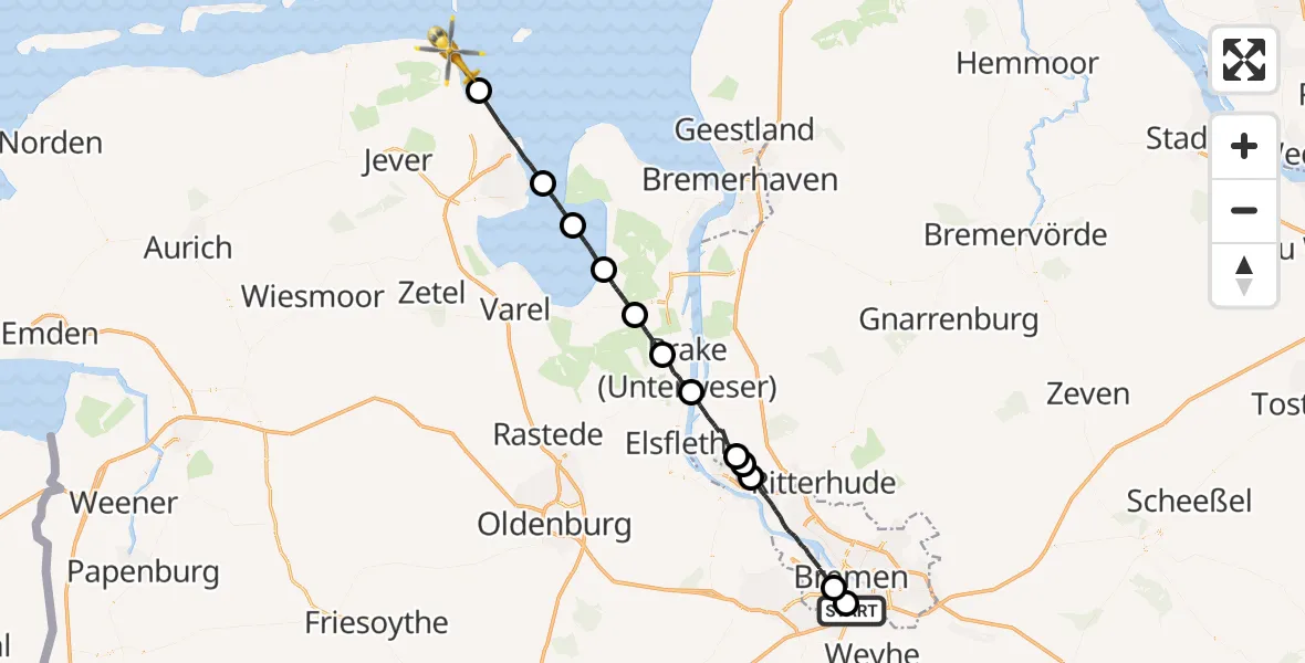 Flugroute Rettungshubschrauber Bremen - Wangerland, 03 Juli 2026, 18:57