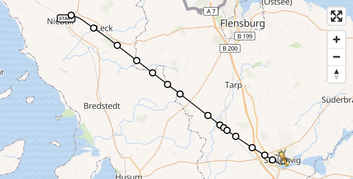 Flugroute Ambulanzhubschrauber Niebüll - Schleswig, 03 Juli 2026, 19:02