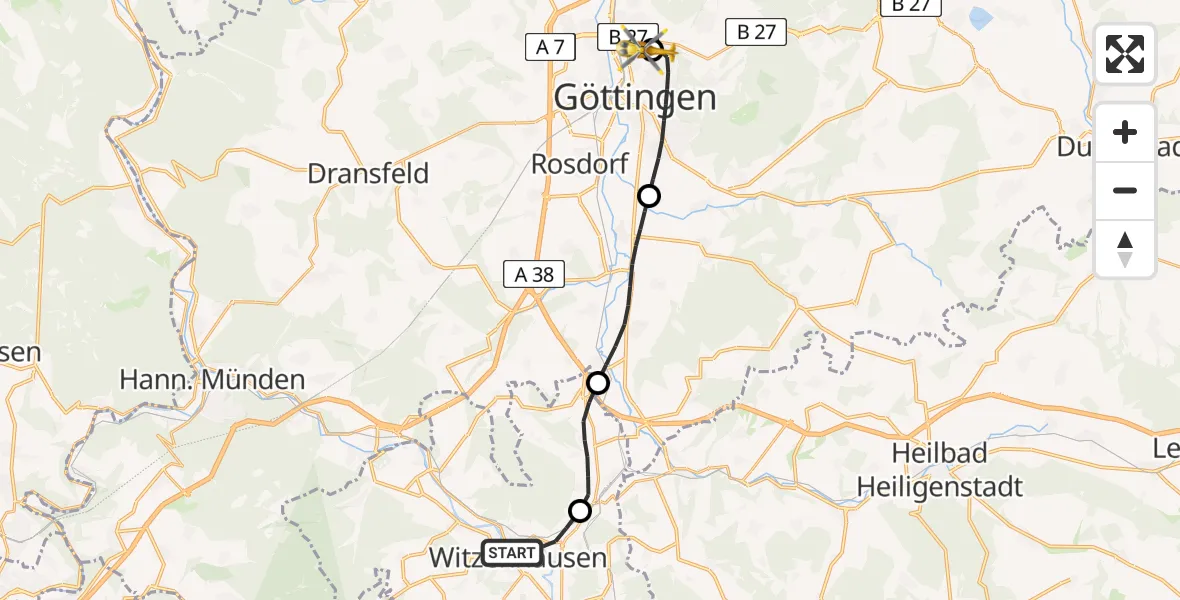 Flugroute Rettungshubschrauber Witzenhausen - Göttingen University Clinic Hubschrauberlandeplatz, 03 Juli 2026, 19:03