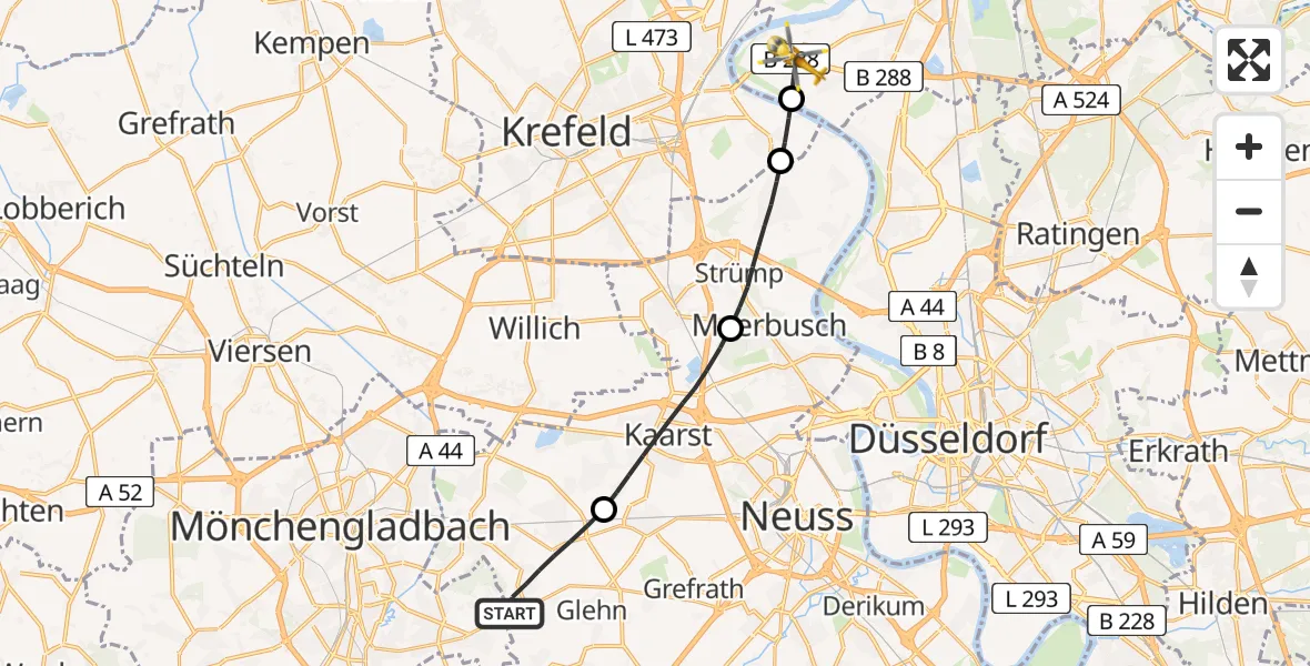 Flugroute Rettungshubschrauber Korschenbroich - Duisburg, 03 Juli 2026, 19:05