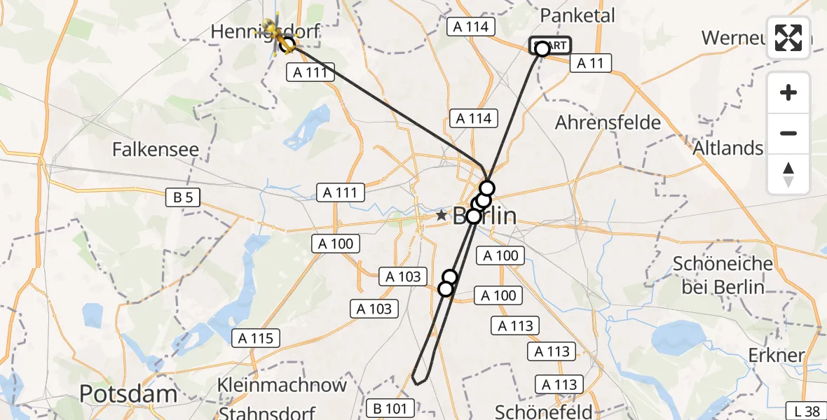 Flugroute Rettungshubschrauber Helios Clinic Berlin-Buch - Hennigsdorf, 03 Juli 2026, 19:05