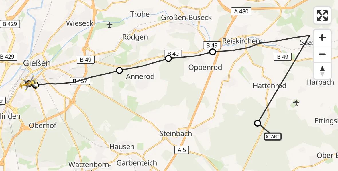 Flugroute Rettungshubschrauber Lich - Gießen University Hospital, 03 Juli 2026, 19:07