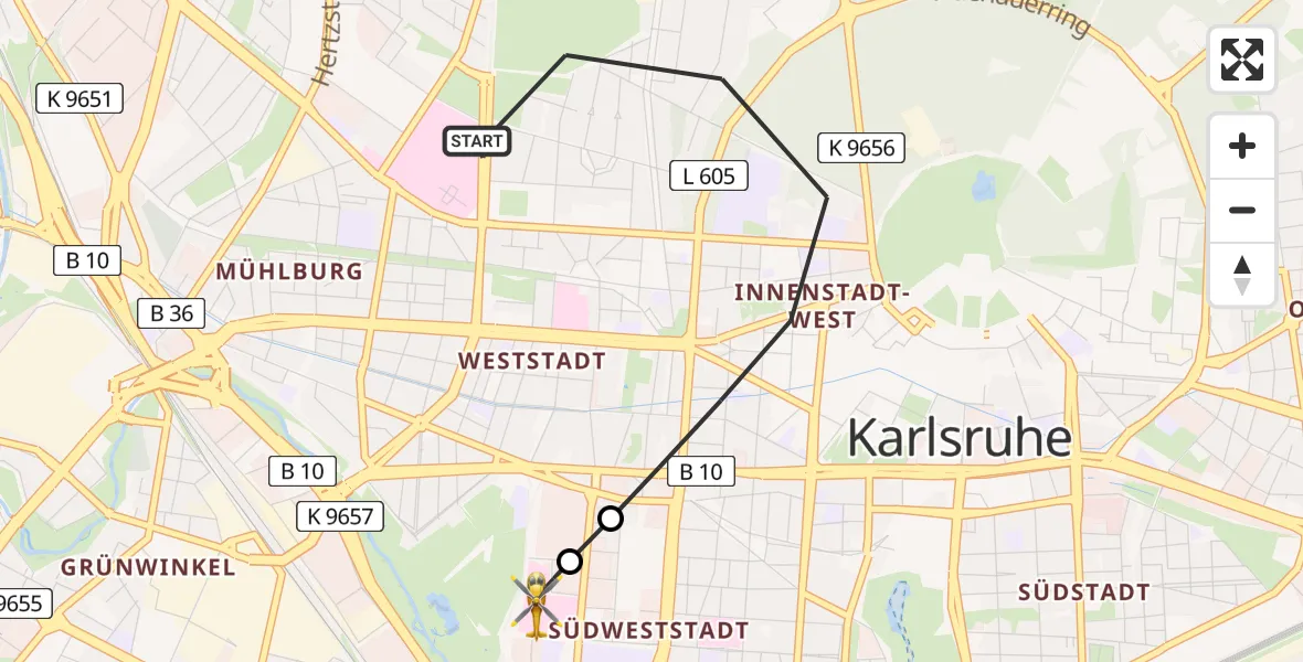 Flugroute Ambulanzhubschrauber Karlsruhe - Sankt Vincentius Hospital, 03 Juli 2026, 19:07