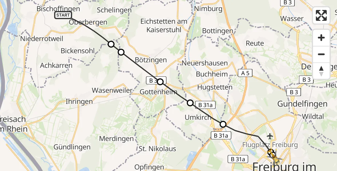 Flugroute Rettungshubschrauber Vogtsburg im Kaiserstuhl - Freiburg University Hospital Heliport 1, 03 Juli 2026, 19:09
