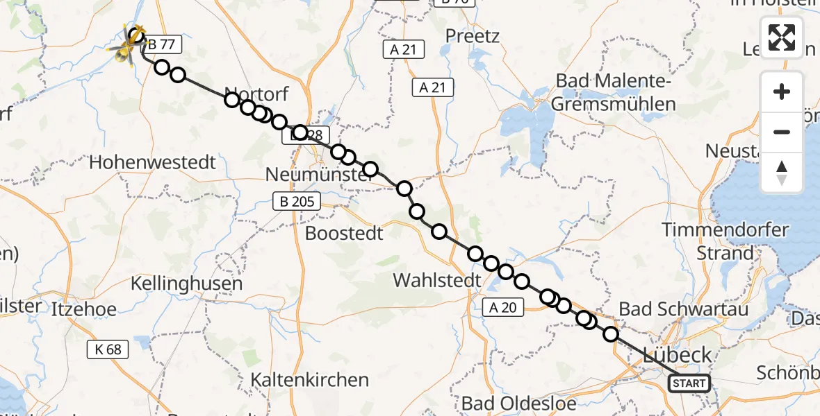 Flugroute Ambulanzhubschrauber Lübeck - Hörsten, 03 Juli 2026, 19:17