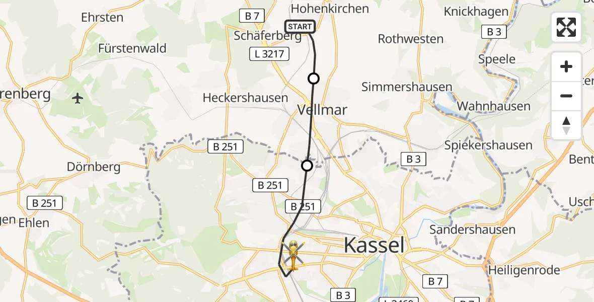 Flugroute Rettungshubschrauber Espenau - Kassel, 03 Juli 2026, 19:23