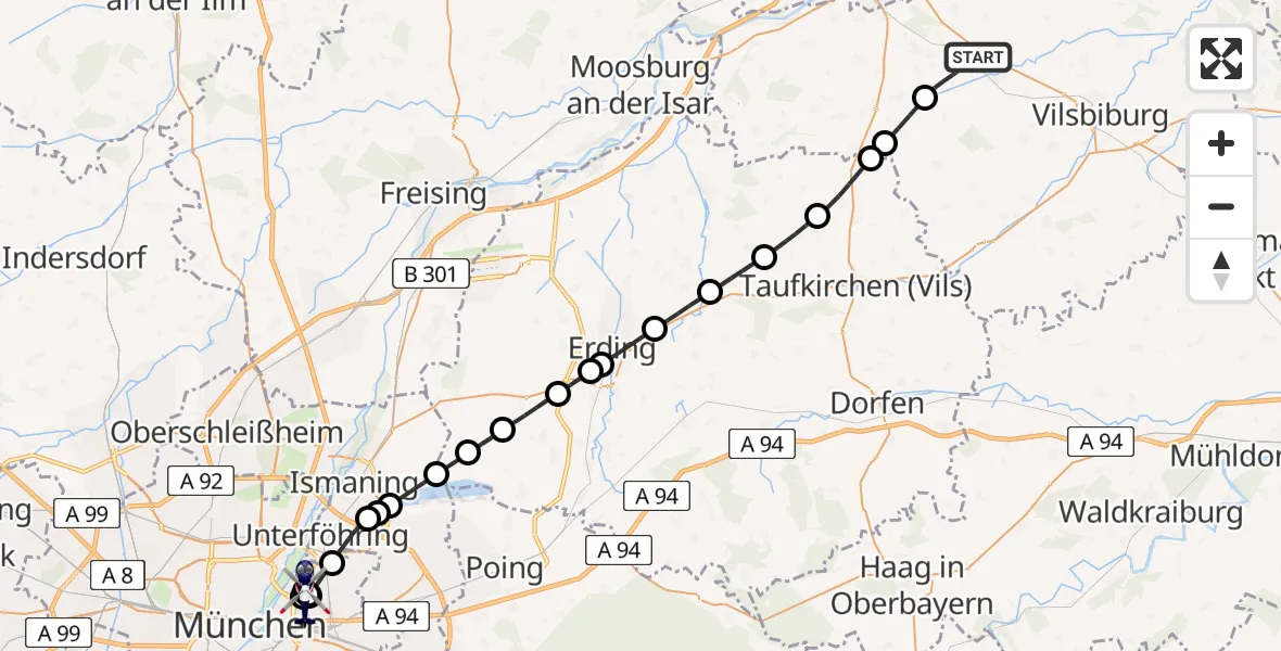 Flugroute Polizeihubschrauber Geisenhausen - München Bogenhausen Hospital, 03 Juli 2026, 19:23