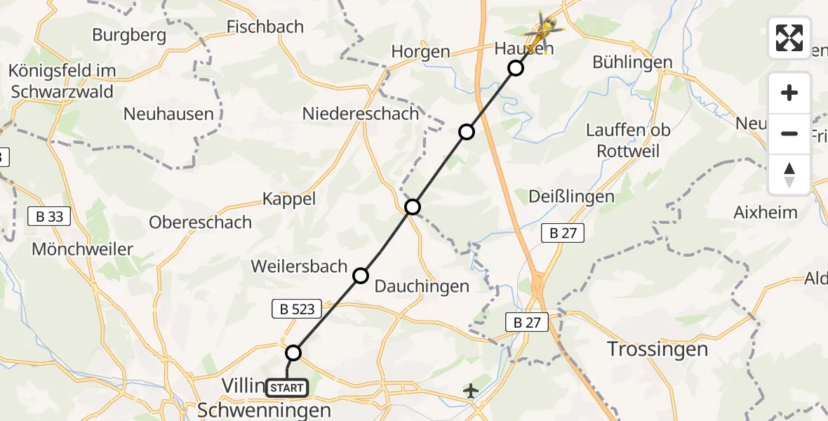Flugroute Ambulanzhubschrauber DRF Air Rescue Station Villingen-Schwenningen Hubschrauberlandeplatz (Christoph 11) - Rottweil, 03 Juli 2026, 19:26