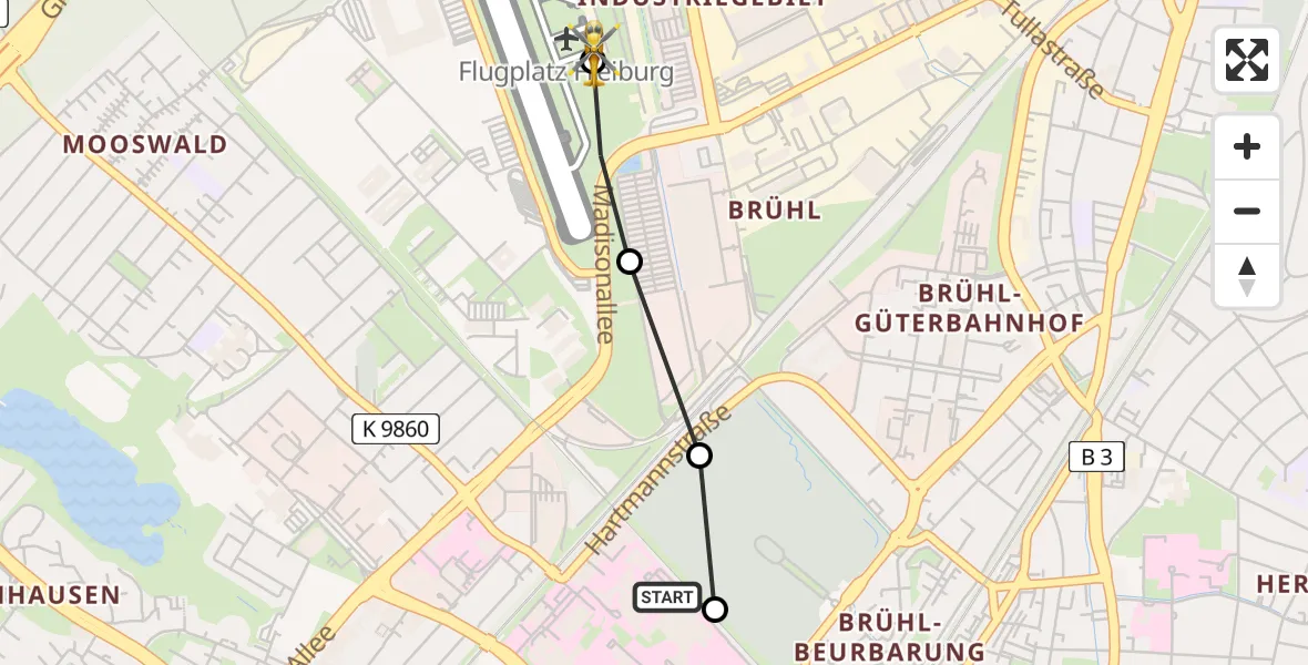 Flugroute Rettungshubschrauber Freiburg University Hospital Heliport 1 - Freiburg im Breisgau Flugplatz, 03 Juli 2026, 19:32