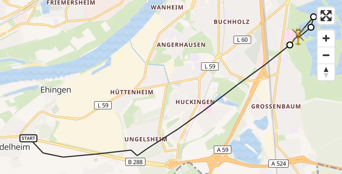 Flugroute Rettungshubschrauber Duisburg - Duisburg Air Rescue Hubschrauberlandeplatz (Christoph 9), 03 Juli 2026, 19:35