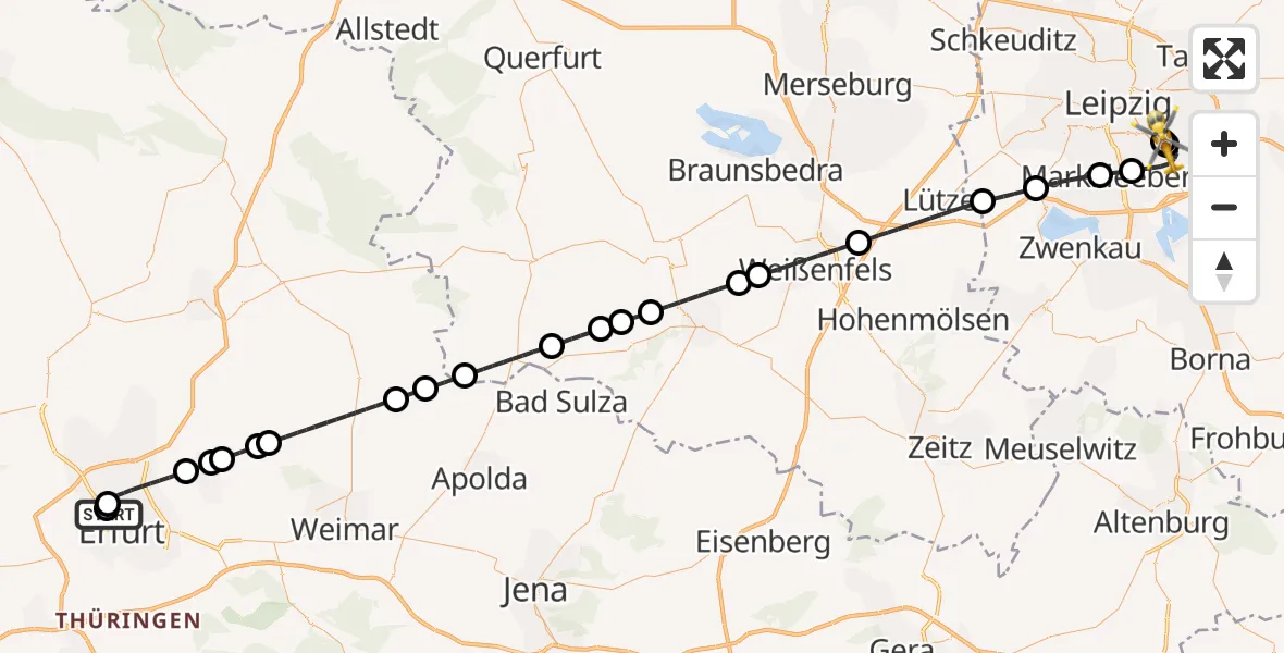 Flugroute Rettungshubschrauber Helios Clinic Erfurt - Leipzig Heart Center Ground Hubschrauberlandeplatz, 03 Juli 2026, 19:48
