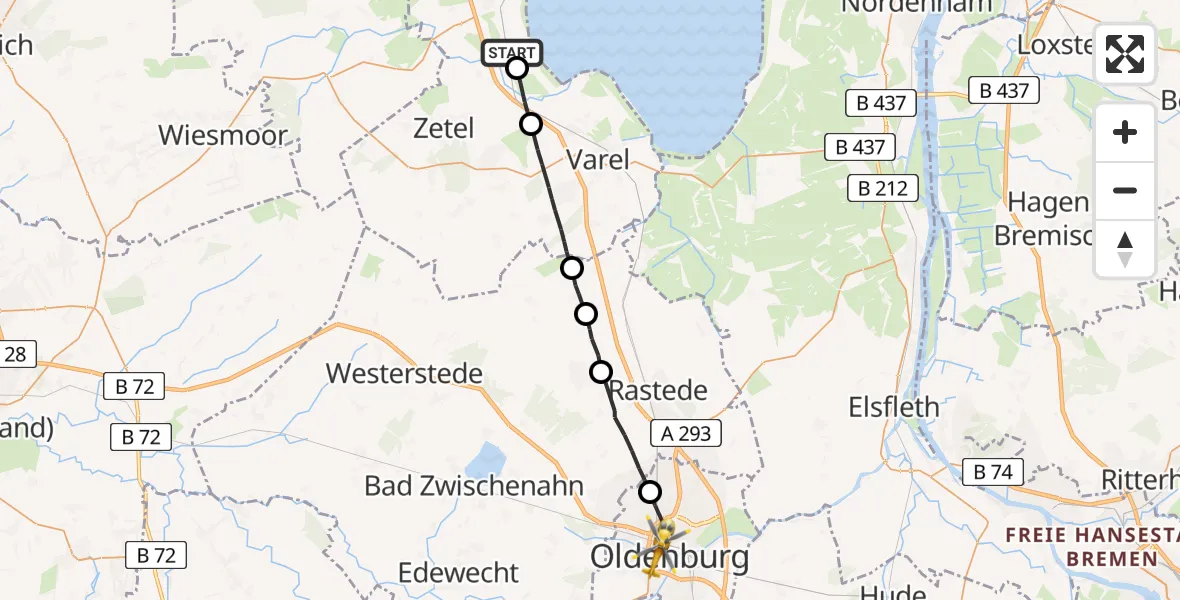 Flugroute Rettungshubschrauber Zetel - Oldenburg (Oldb), 03 Juli 2026, 19:48