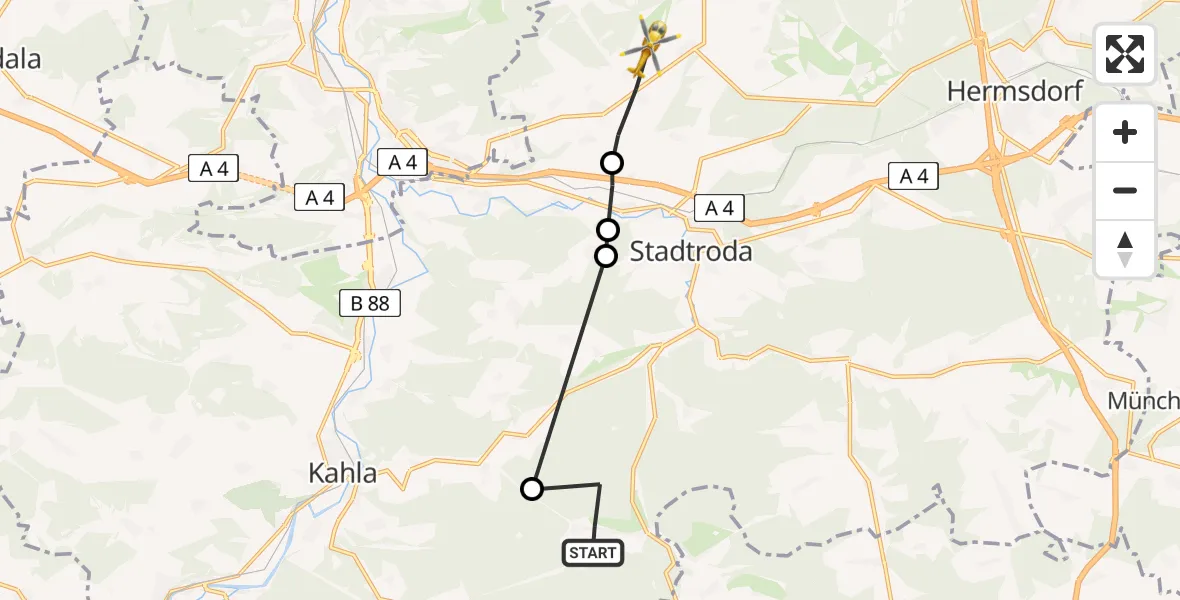 Flugroute Rettungshubschrauber Trockenborn-Wolfersdorf - Schlöben, 03 Juli 2026, 19:49