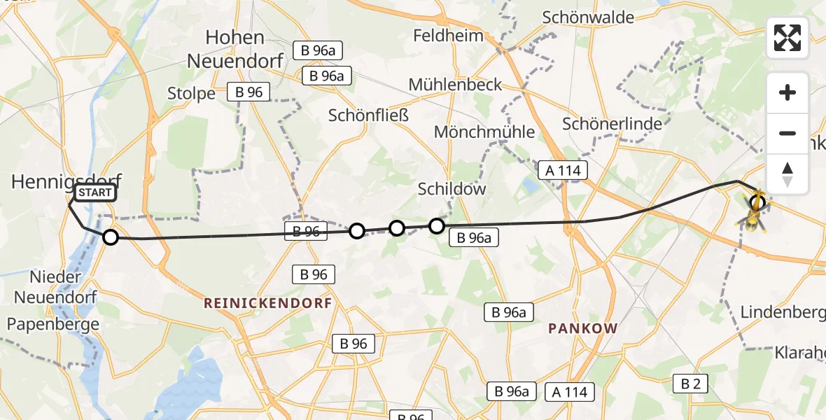 Flugroute Rettungshubschrauber Hennigsdorf - Helios Clinic Berlin-Buch, 03 Juli 2026, 19:55