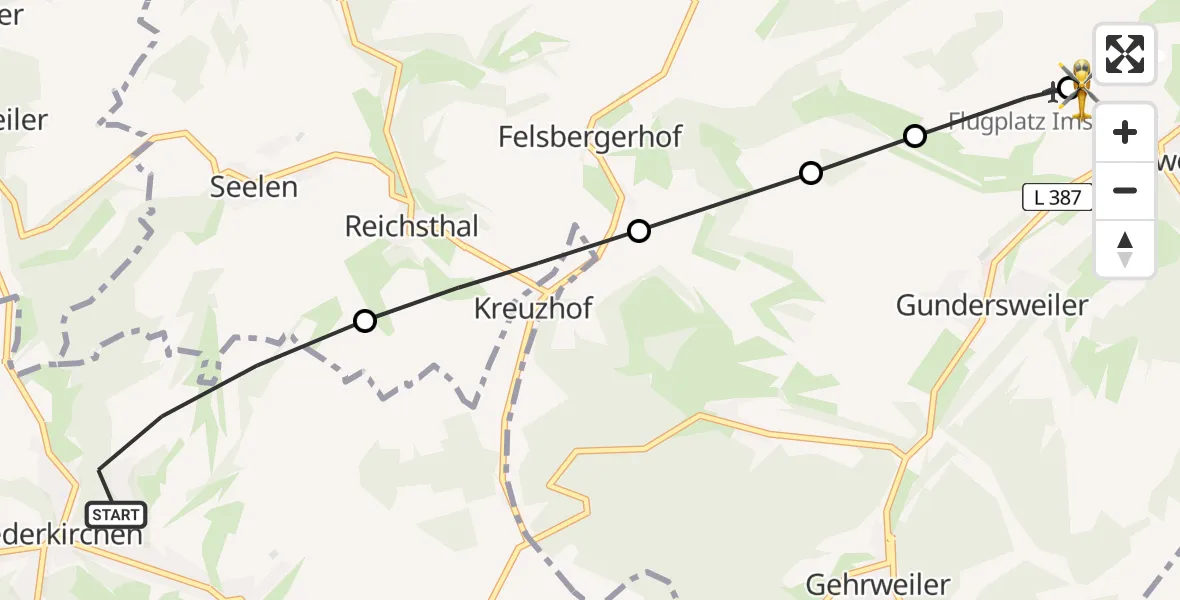 Flugroute Rettungshubschrauber Niederkirchen - Imsweiler UL, 03 Juli 2026, 20:03