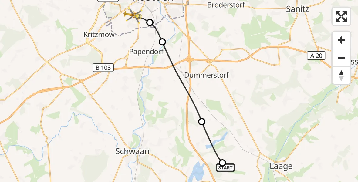 Flugroute Rettungshubschrauber Flughafen Rostock-Laage - Rostock, 03 Juli 2026, 20:05
