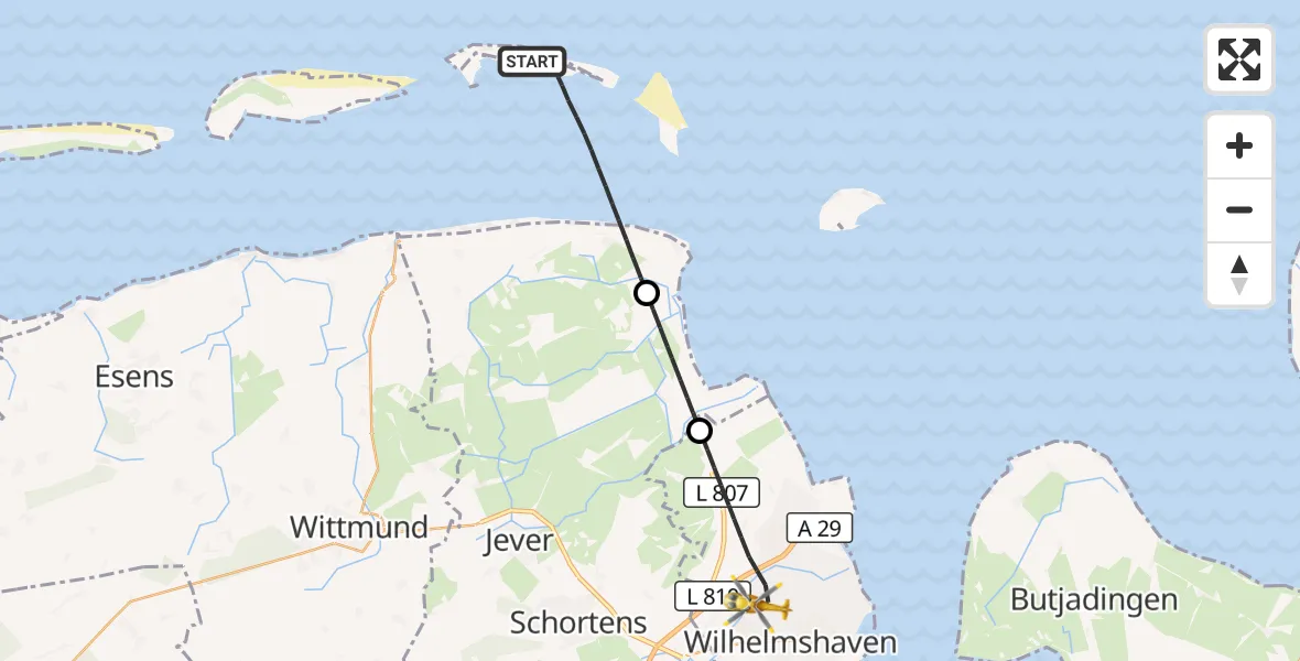 Flugroute Rettungshubschrauber Noordzee - Wilhelmshaven, 03 Juli 2026, 20:07