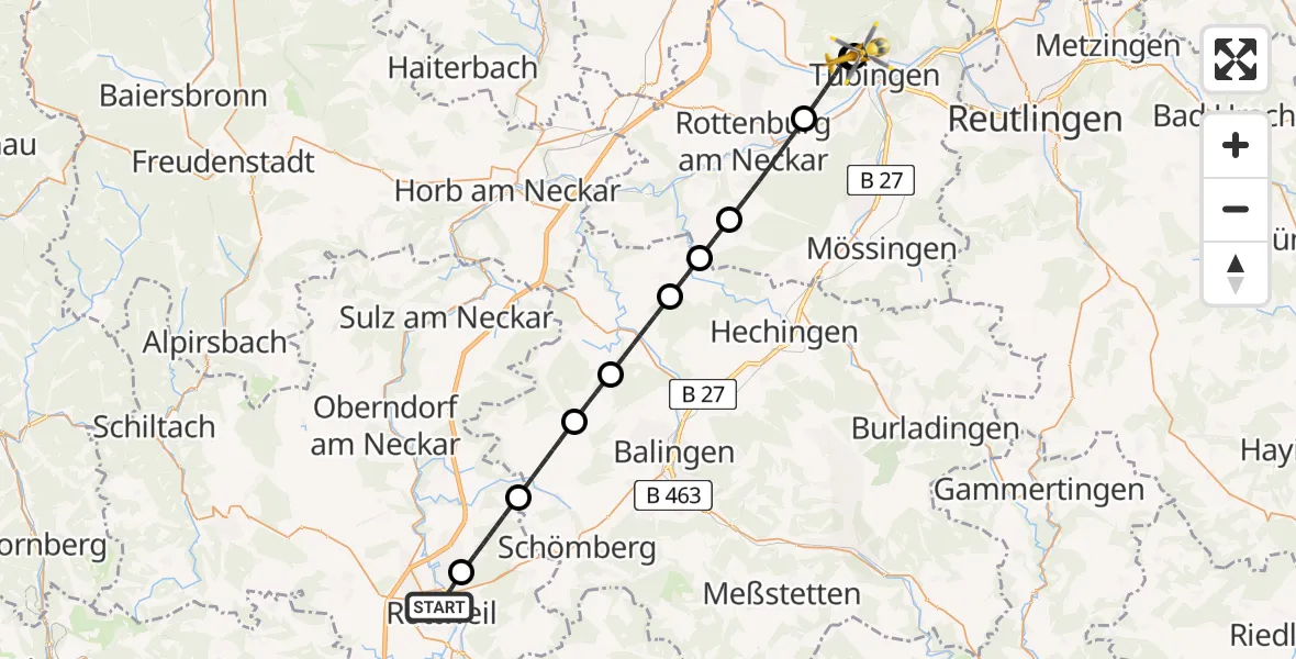 Flugroute Ambulanzhubschrauber Rottweil - Tübingen Trauma Hospital, 03 Juli 2026, 20:09