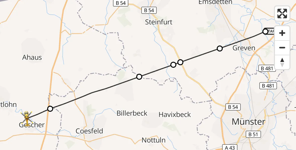 Flugroute Ambulanzhubschrauber Christoph  Westfalen-ADAC - Gescher, 03 Juli 2026, 20:21