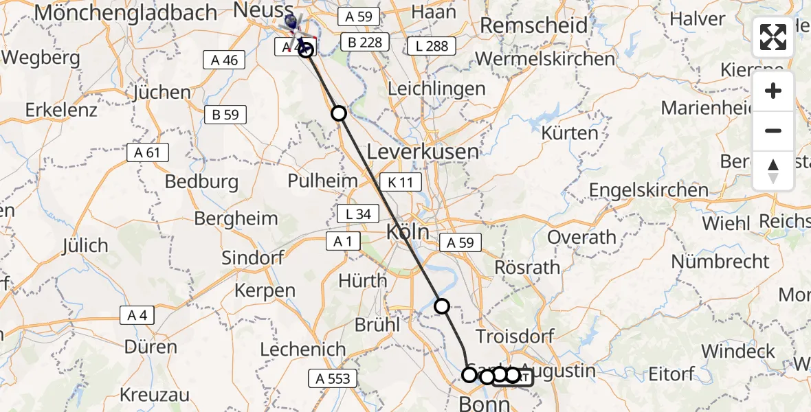 Flugroute Polizeihubschrauber Sankt Augustin - Neuss, 03 Juli 2026, 20:29