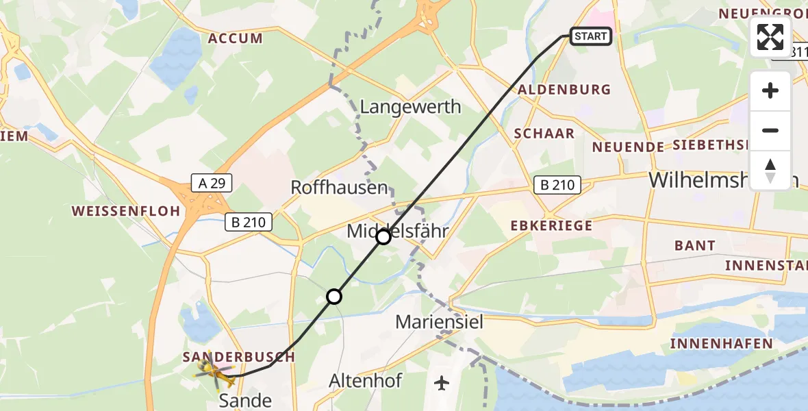 Flugroute Rettungshubschrauber Wilhelmshaven - Sande, 03 Juli 2026, 20:32