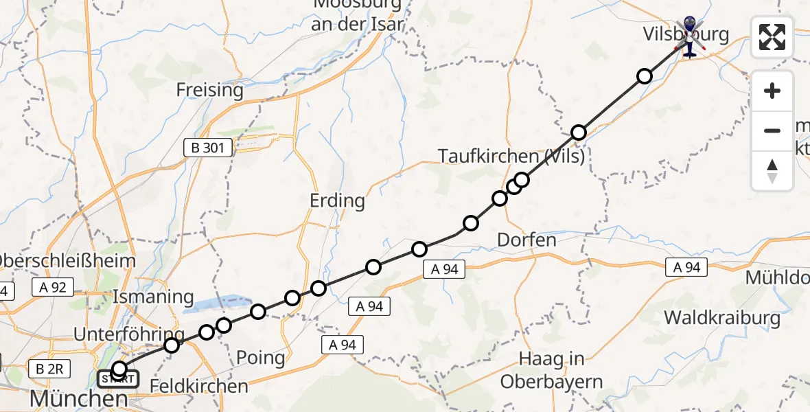 Flugroute Polizeihubschrauber München Bogenhausen Hospital - Vilsbiburg, 03 Juli 2026, 20:40