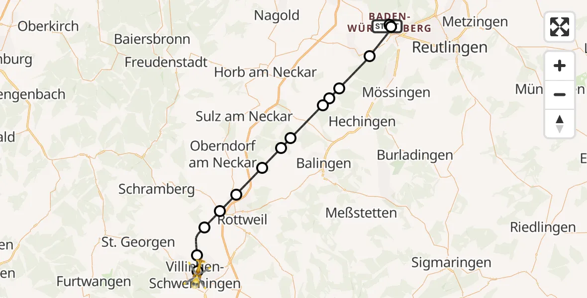 Flugroute Ambulanzhubschrauber Tübingen Trauma Hospital - DRF Air Rescue Station Villingen-Schwenningen Hubschrauberlandeplatz (Christoph 11), 03 Juli 2026, 20:54