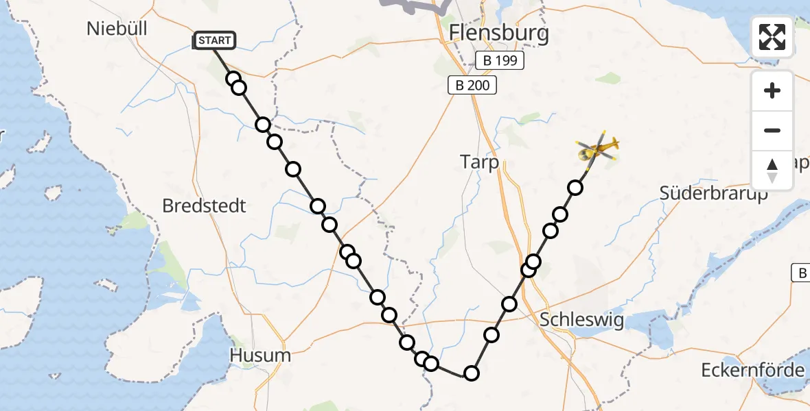 Flugroute Ambulanzhubschrauber Leck - Mittelangeln, 03 Juli 2026, 21:01