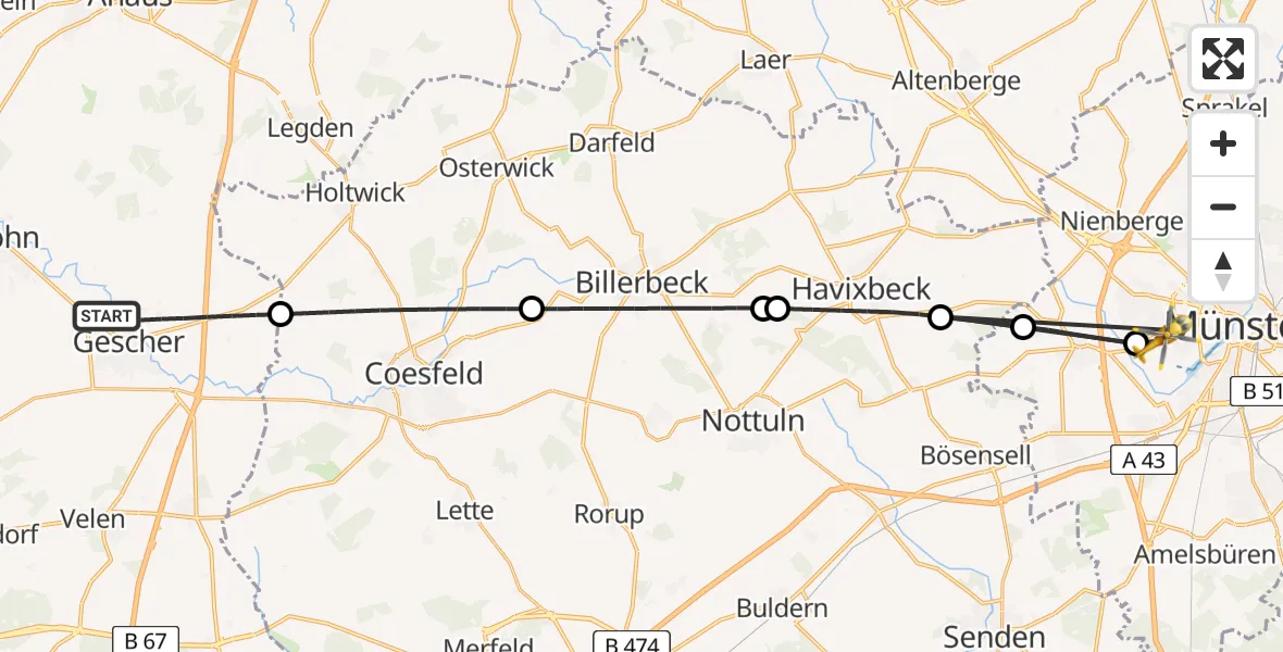 Flugroute Ambulanzhubschrauber Gescher - Münster, 03 Juli 2026, 21:15
