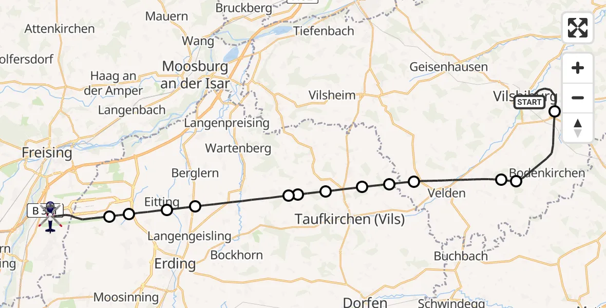 Flugroute Polizeihubschrauber Vilsbiburg - München Flughafen, 03 Juli 2026, 21:27