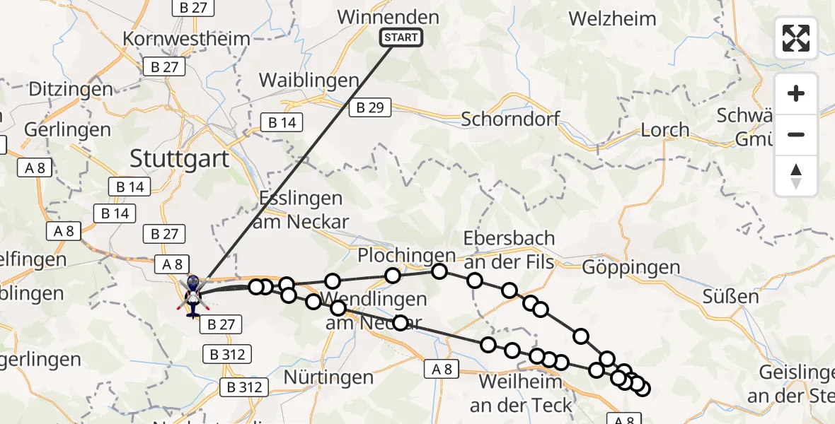Flugroute Polizeihubschrauber Winnenden - Flughafen Stuttgart, 03 Juli 2026, 21:43